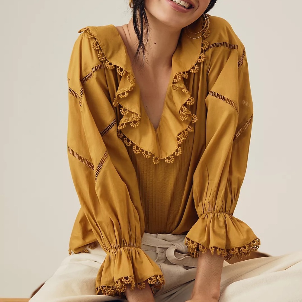 Farm Rio x Anthropologie Ruffled Golden Yellow V-Neck Blouse